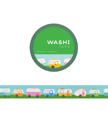 Green washi tape roll with camper illustration label