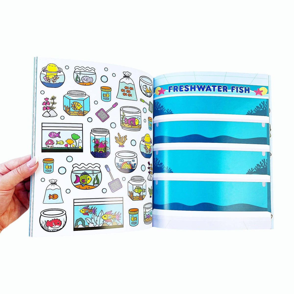 Sea life sticker book open; left page shows outlines and right page shows fish banner