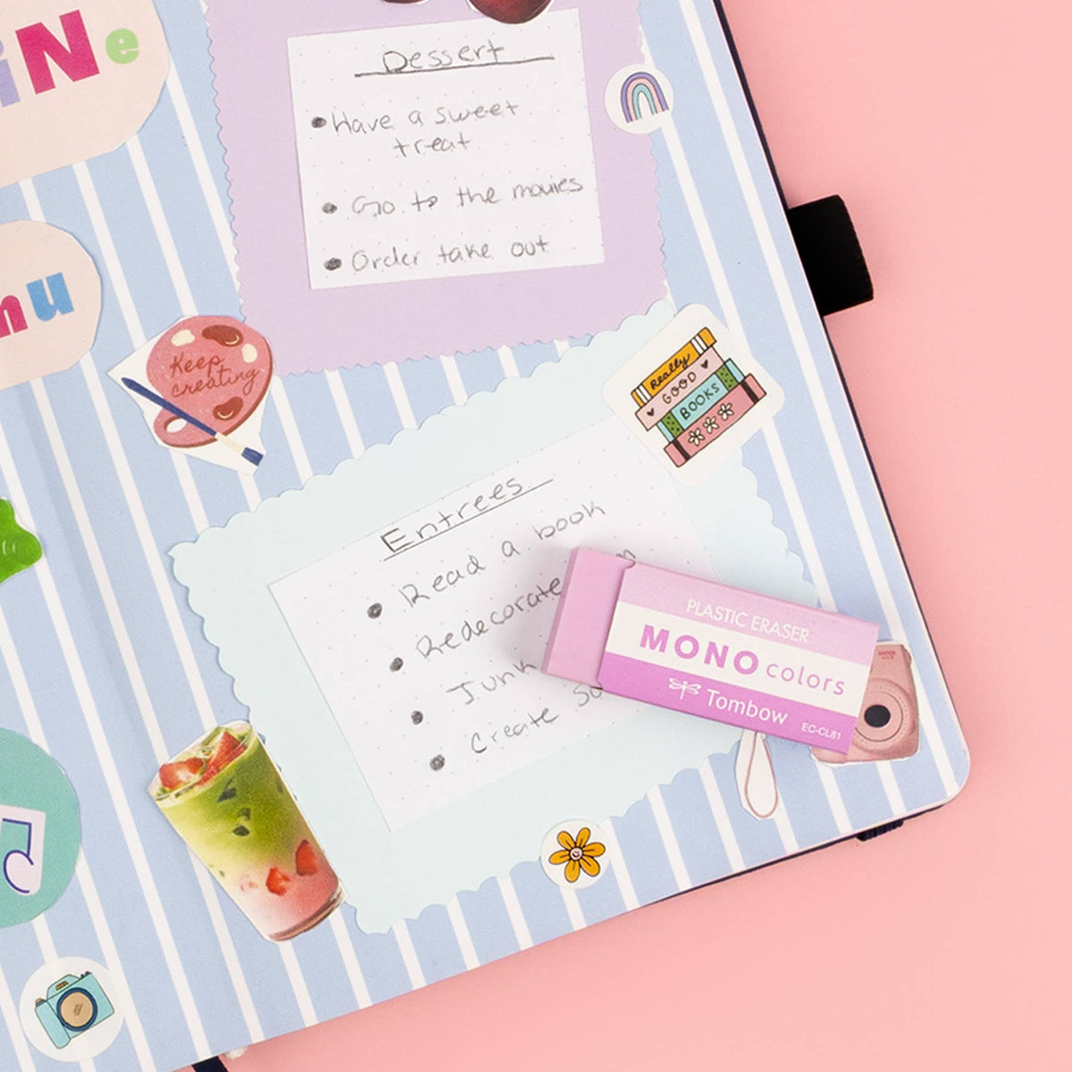 Pink MONO Colors eraser on a decorated notebook