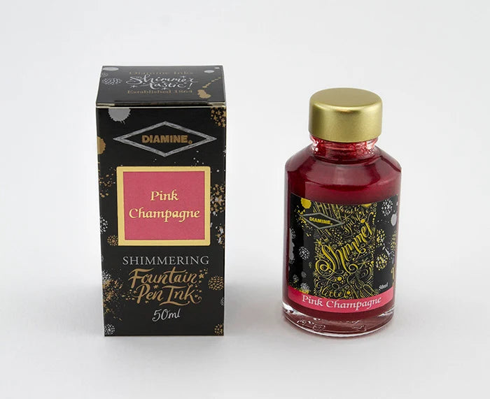 Shimmering fountain pen ink bottle and box, Pink Champagne pink shimmer ink
