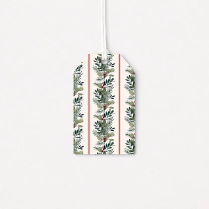 Christmas gift tag with green leafy sprigs and berries print, attached white string
