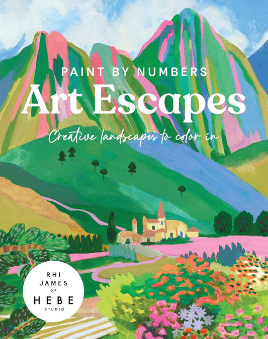 Paint-by-numbers Art Escapes book cover with colorful mountain and wildflower scene