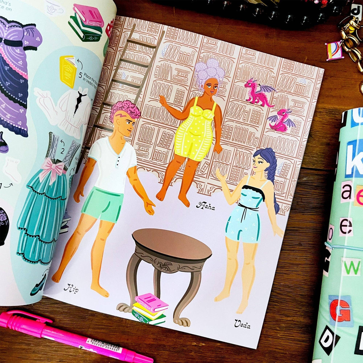 Sticker book page with illustrated people and clothing layout guide for stickers on patterned background.