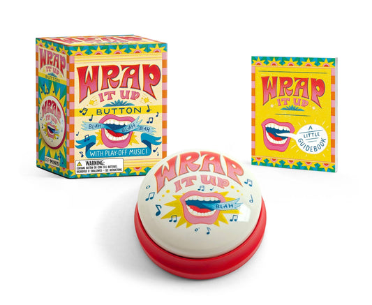 Round novelty button with red rim and colorful “Wrap It Up” mouth design