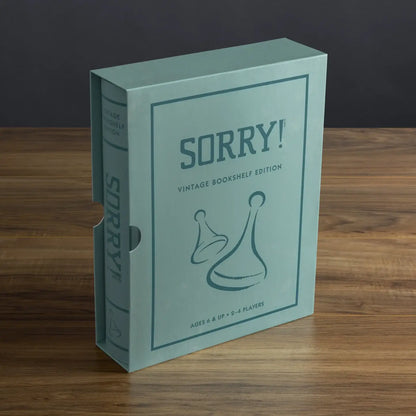 Sorry! vintage bookshelf edition teal game box angled view with vertical spine text
