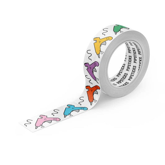 Colorful glue gun icon washi tape roll, gray backing and multi-color print