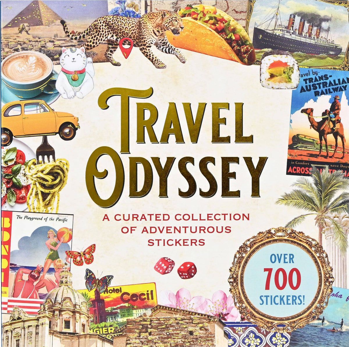 Travel Odyssey sticker book cover with travel-themed collage and over 700 stickers