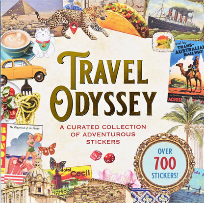Travel Odyssey sticker book cover with travel-themed collage and over 700 stickers