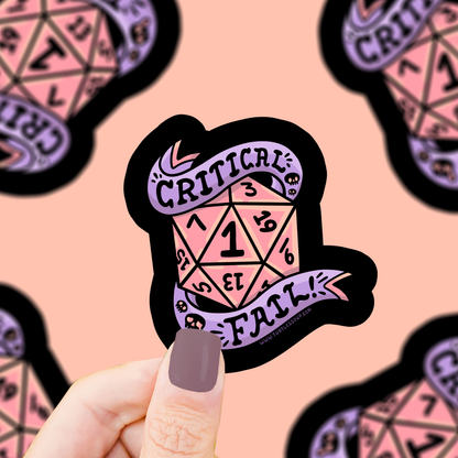 Vinyl sticker with purple “Critical” dice icon and sword roll graphic