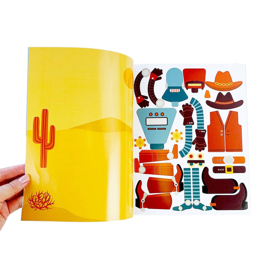 Sticker book spread with yellow left page and robot character stickers on right