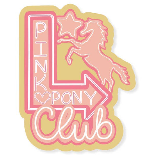 Pink Pony Club vinyl sticker with outlined pony and “PINK” lettering in pink and purple