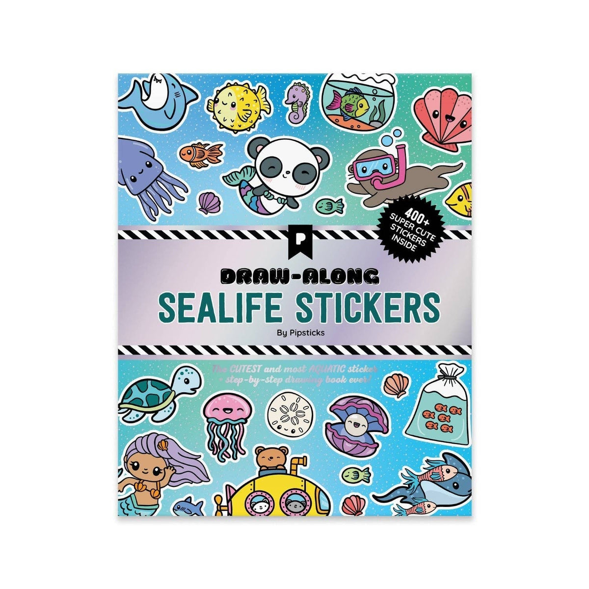 Sea life sticker book cover with colorful marine animals and “Draw-Along” title