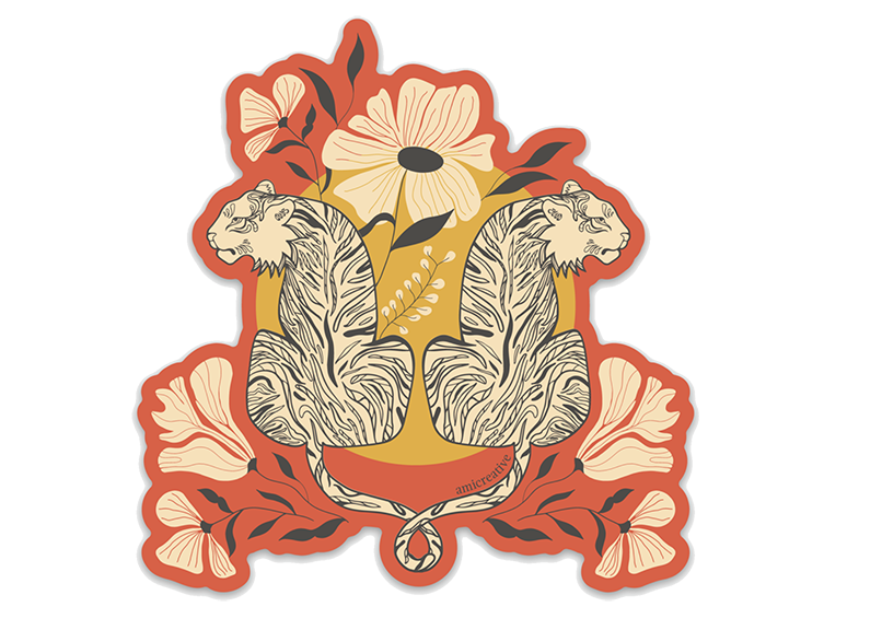 Vinyl sticker with two intertwined tigers, red flowers, and a yellow center.