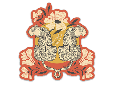 Vinyl sticker with two intertwined tigers, red flowers, and a yellow center.