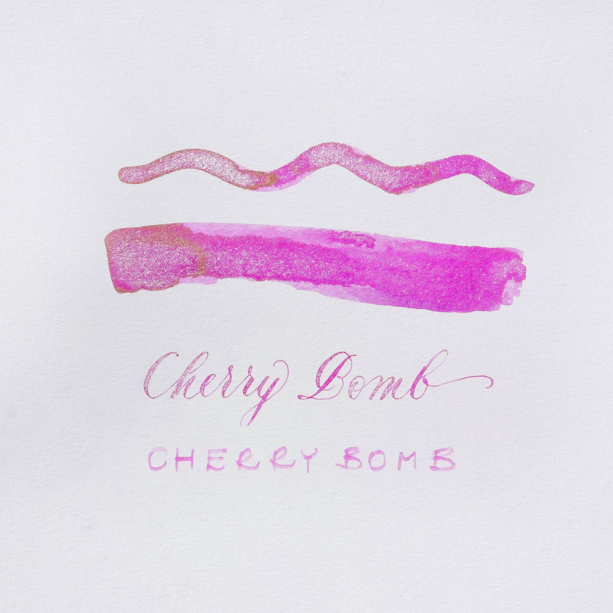 Pink glitter ink swatches and script label for Cherry Bomb