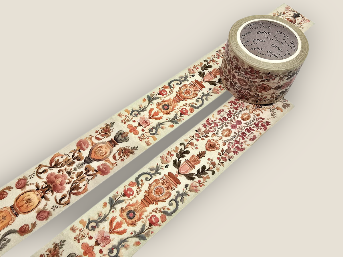 Decorative tapestry washi tape strip with floral medallion and scroll motifs