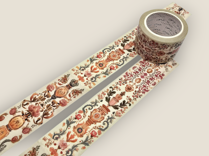 Decorative tapestry washi tape strip with floral medallion and scroll motifs