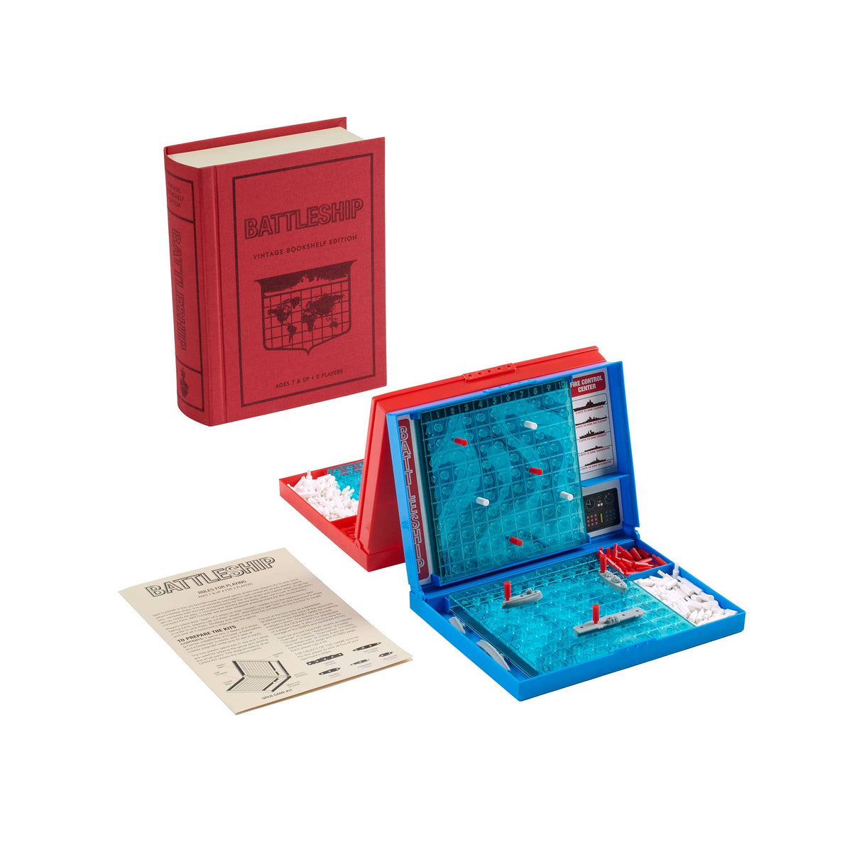Bookshelf edition game set with open blue board, red box, and instruction handout