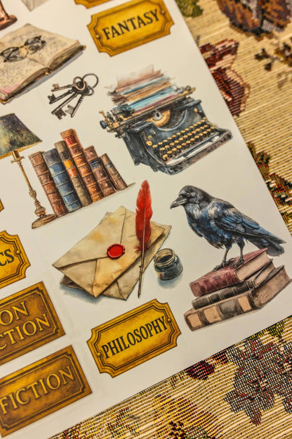 Library sticker sheet with books, envelopes, typewriter, raven, and gold topic labels