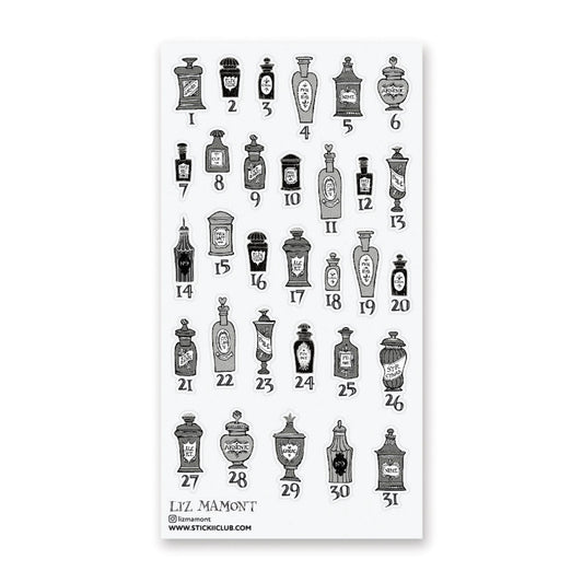Potion bottle and vial sticker sheet with numbered icons, black-and-white