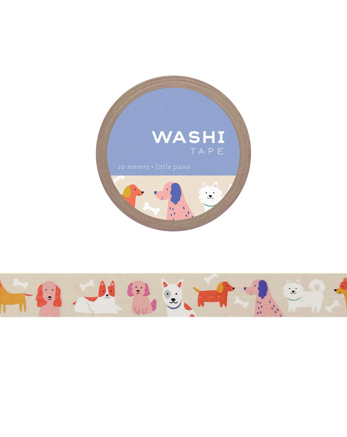 Paws washi tape roll with dog and cat illustrations, brown edge label