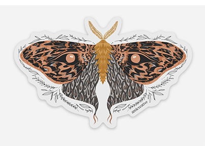 Clear vinyl sticker featuring a golden moth with patterned black and rust-colored wings
