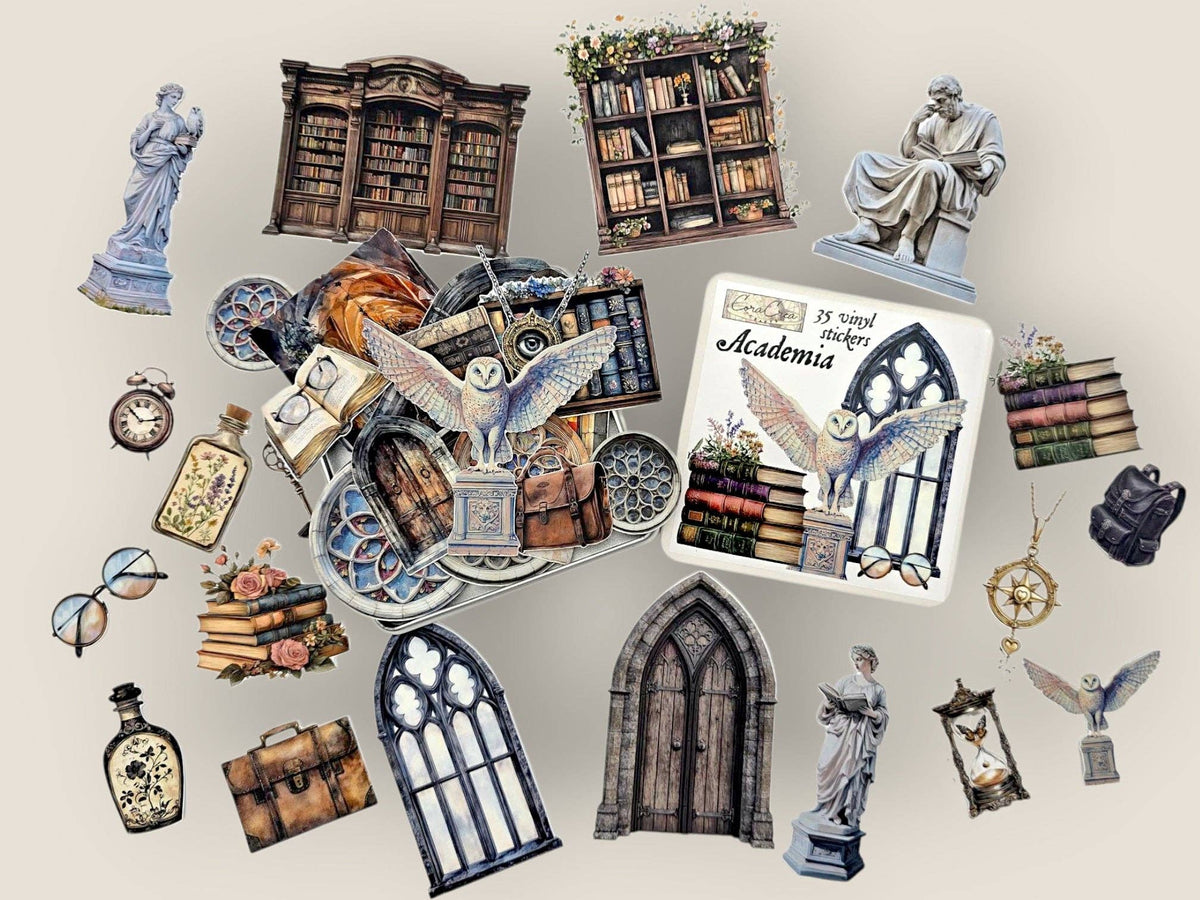 Academia sticker tin box stickers collage with owl, door, statues, books and charms