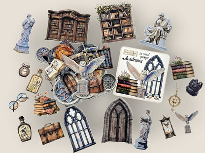 Academia sticker tin box stickers collage with owl, door, statues, books and charms
