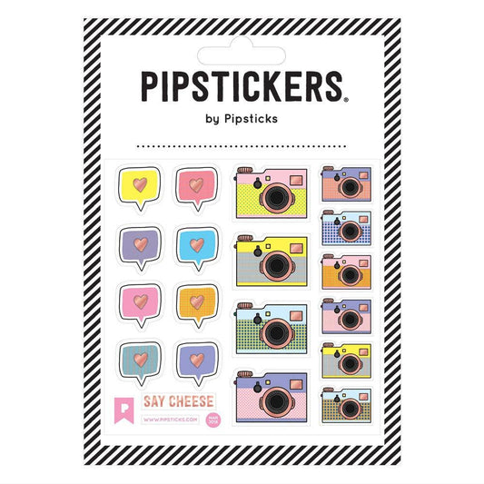Pipstickers sticker sheet with camera icons and heart “Say Cheese” designs