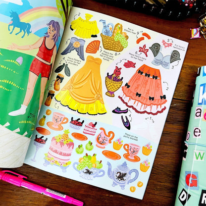 Sticker book activity pages with colorful dress designs, accessory icons, and numbered guides.
