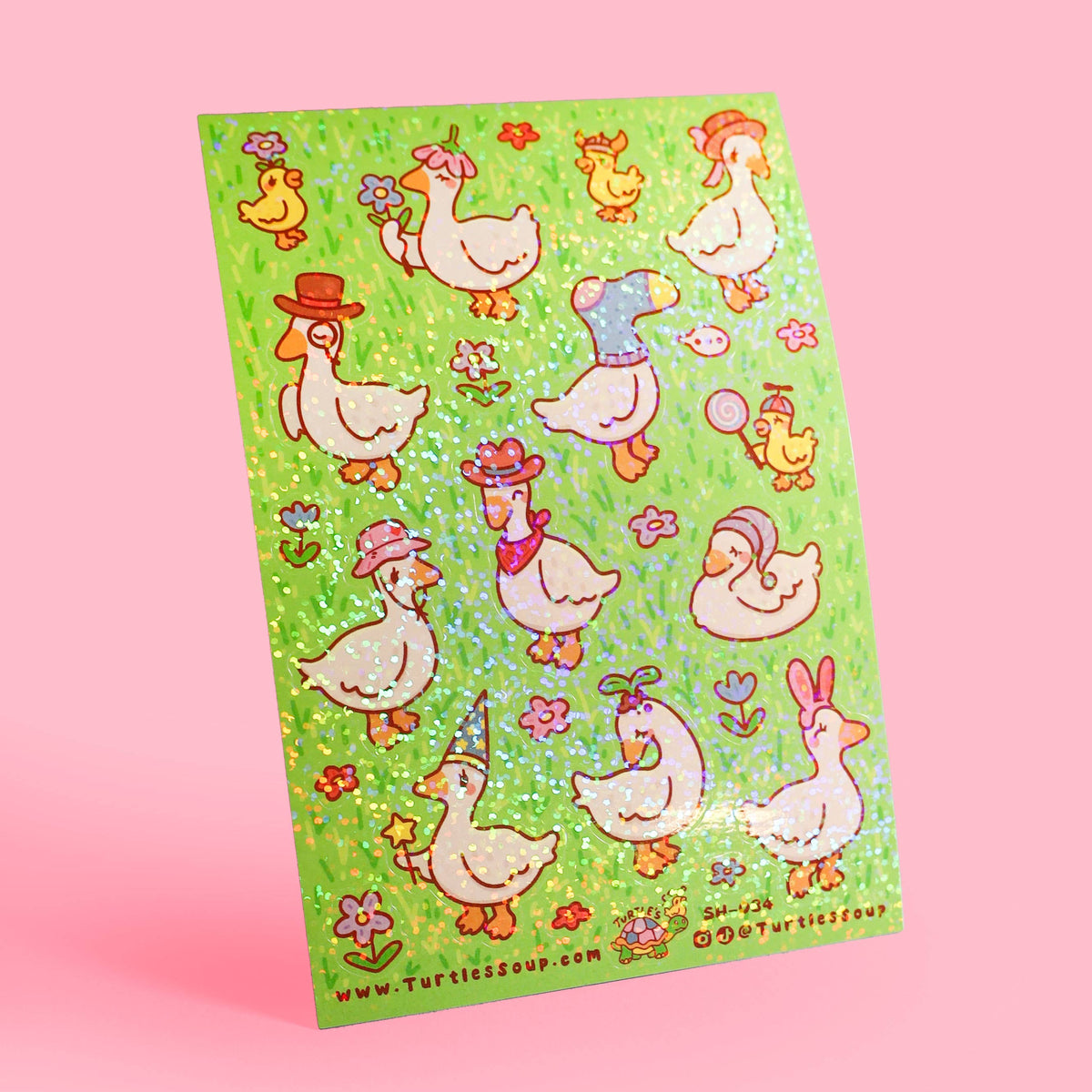 Green background ducks with hats glitter sticker sheet with assorted spring animals