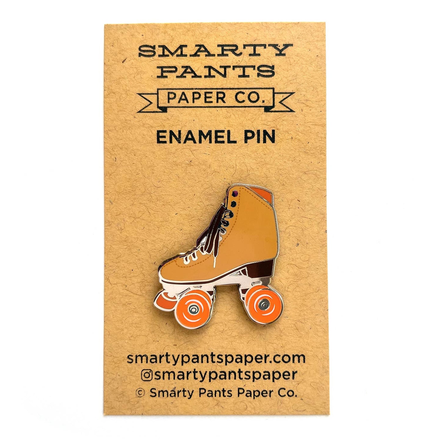 Brown roller skate pin with glow in the dark wheels