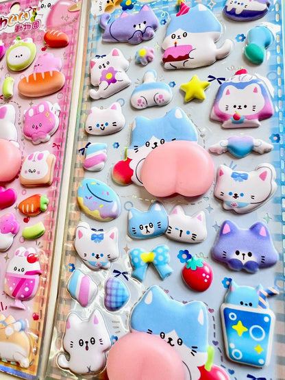 Blue animal squishy butt sticker sheet with cat and bunny faces and pastel icons