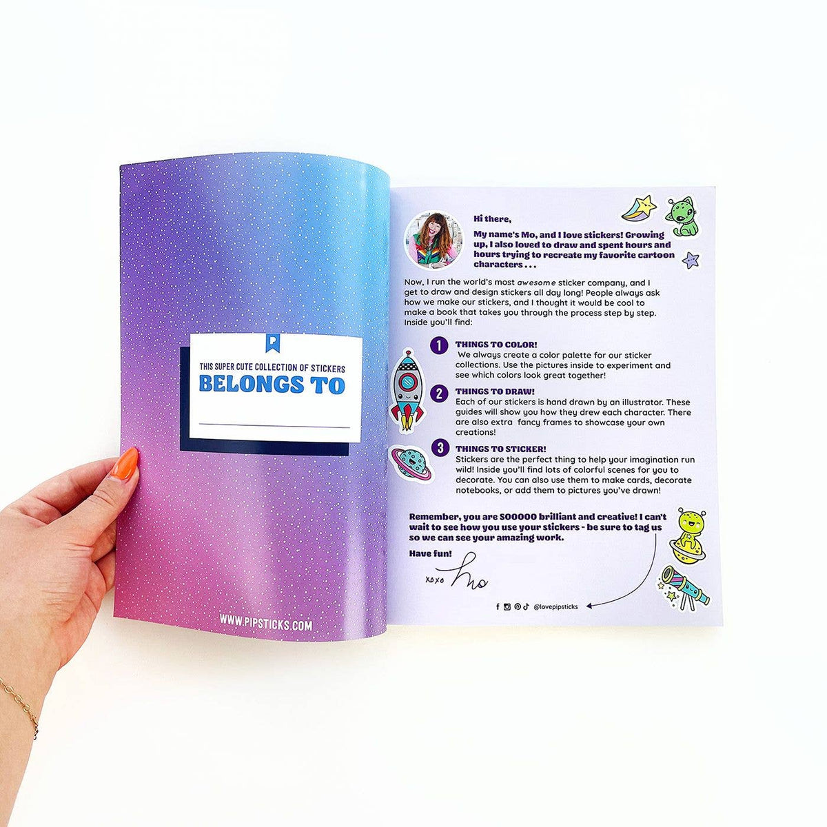 Open space sticker book showing instructions and text on the right page