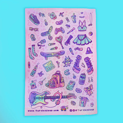 Flat pink sticker sheet featuring purple fashion accessories, charms, and icons