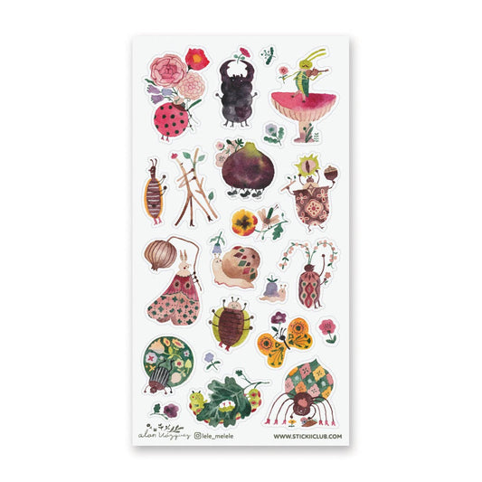 Bug-themed sticker sheet with assorted illustrated insects, beetles, and ladybugs