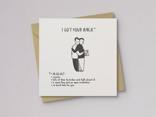 Letterpress sympathy greeting card front with “I got your back” text and standing couple illustration