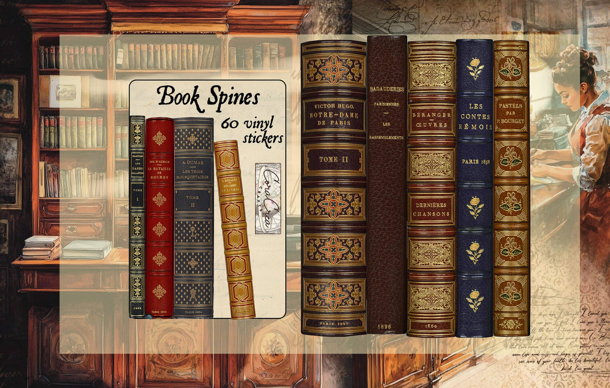 Vinyl book spine sticker tin box with multiple patterned label strips