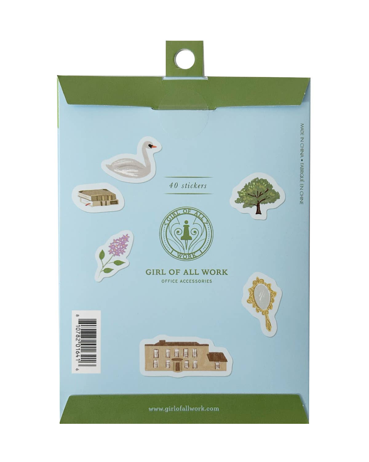 Washi sticker card back with swan, tree, emblem, and house illustrations for 10 stickers
