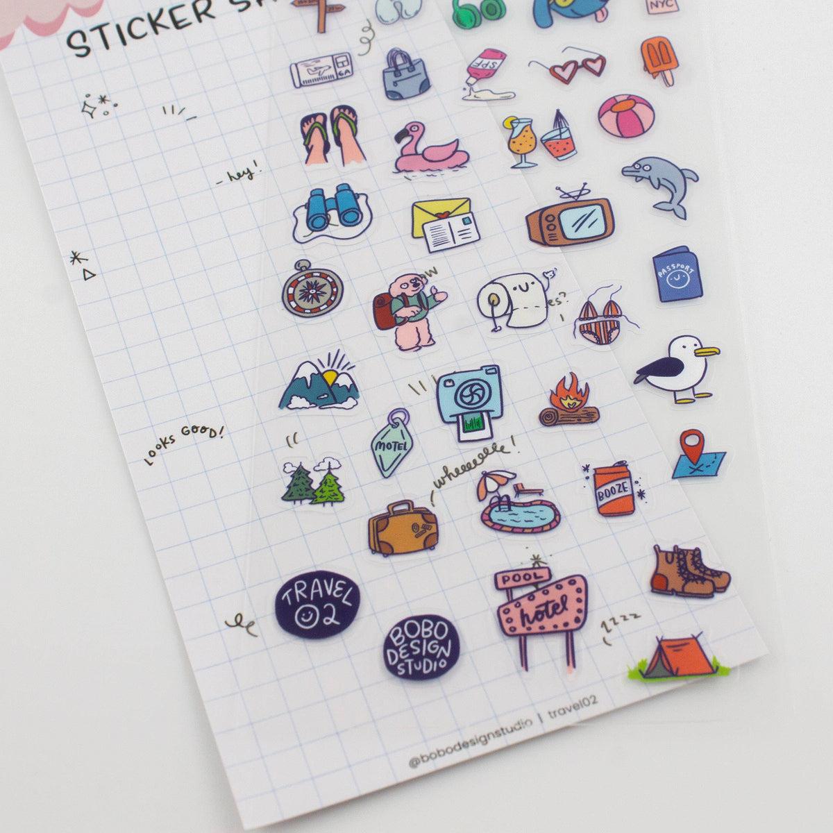 Travel sticker sheet on grid planner pages with illustrated icons and badge stickers