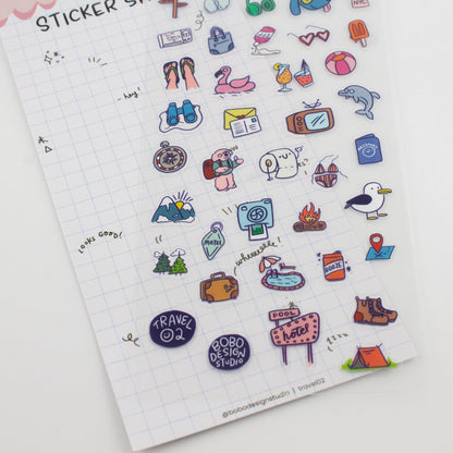 Travel sticker sheet on grid planner pages with illustrated icons and badge stickers