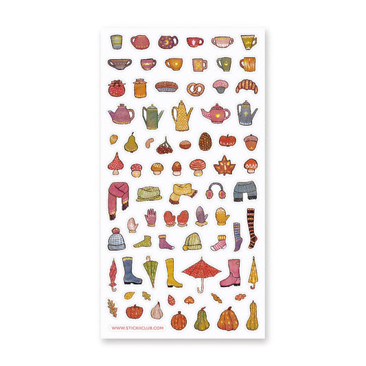 Autumn sticker sheet with pumpkins, boots, teapots, and other fall icons
