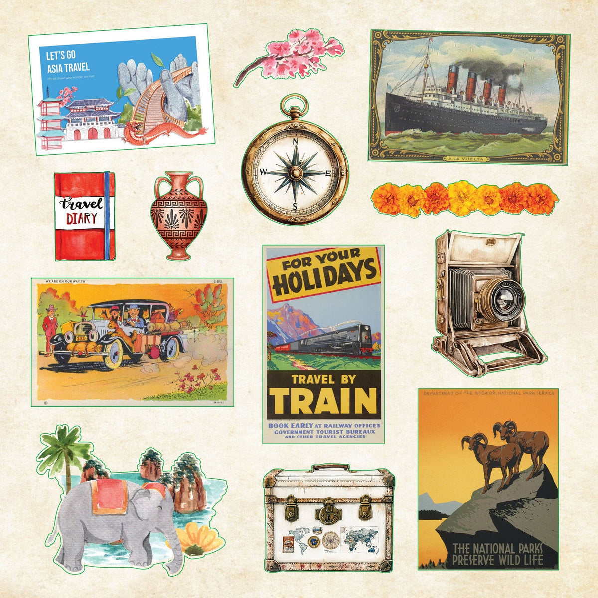 Sticker sheet with travel posters, compass, camera, ship and vintage suitcase