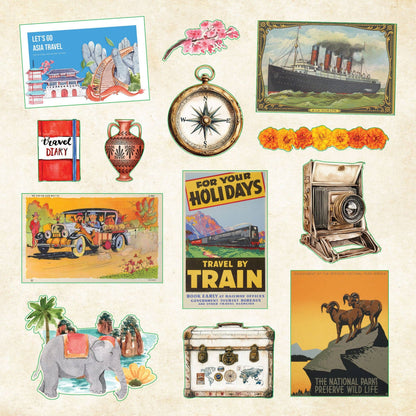 Sticker sheet with travel posters, compass, camera, ship and vintage suitcase