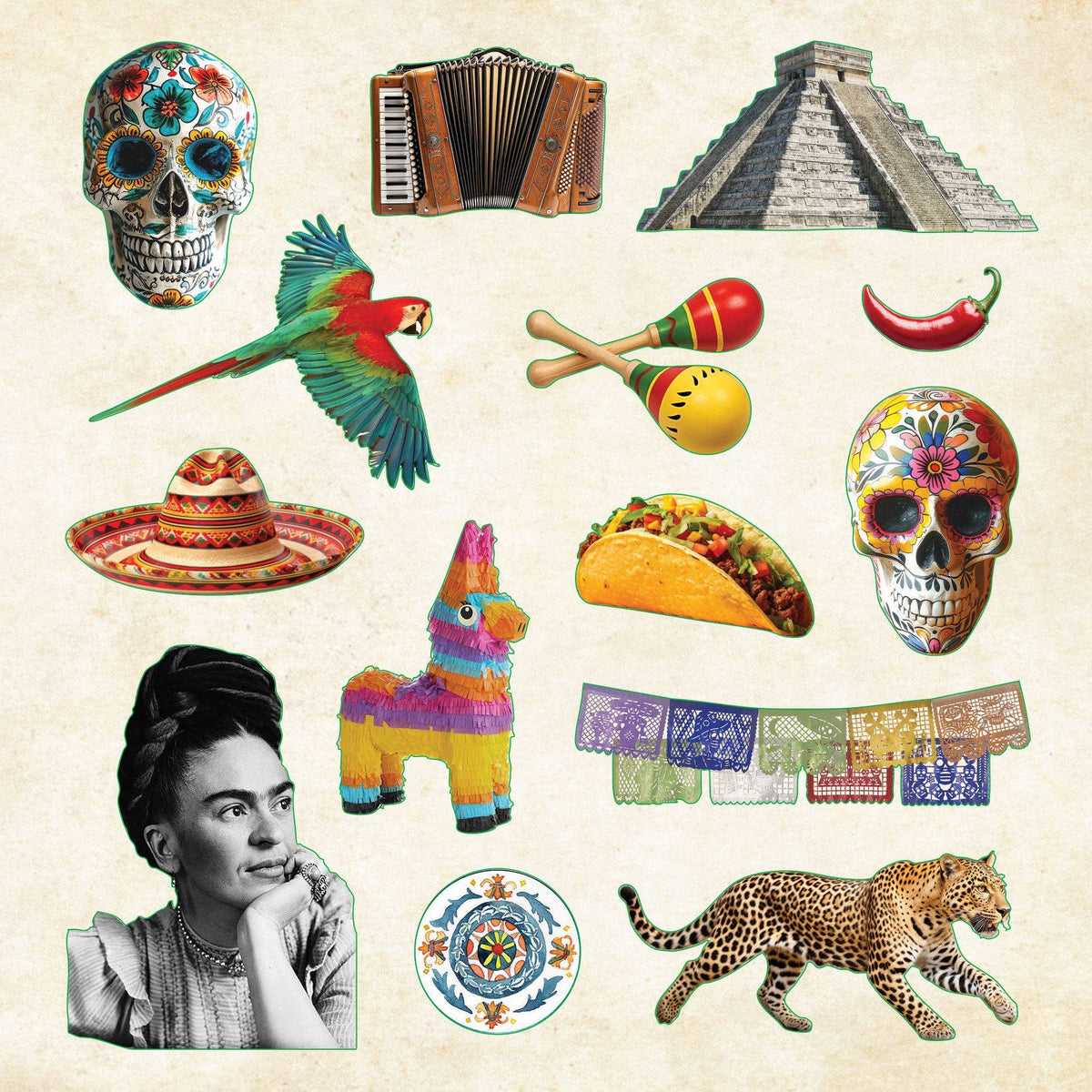 Sticker sheet with Mexican-inspired skulls, parrot, pinata, taco and pyramid