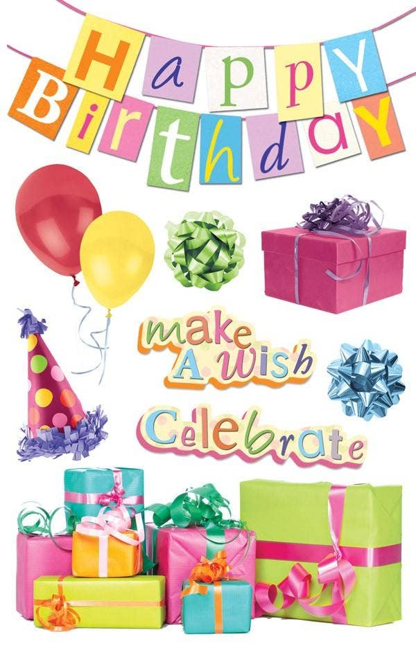Colorful 3D birthday dimensional sticker set with balloons, gift boxes, and bunting