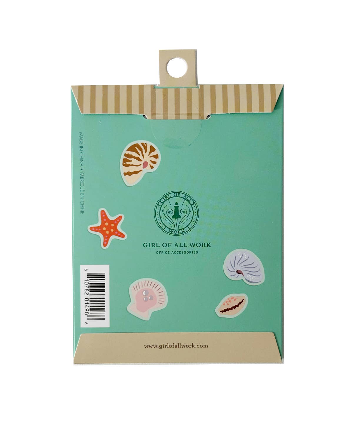 Washi sticker pack back with seashell illustrations and 'girl of all work' branding
