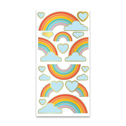 Rainbow stickers sheet with hearts and clouds, multicolor on white backing