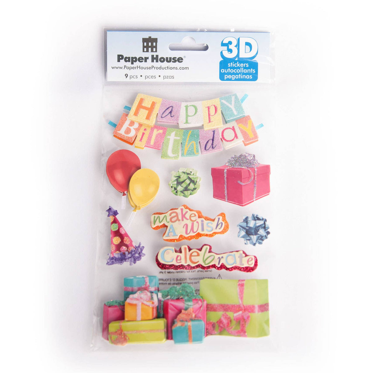 3D birthday dimensional sticker set in retail package, showing balloons, gifts, and 3D text