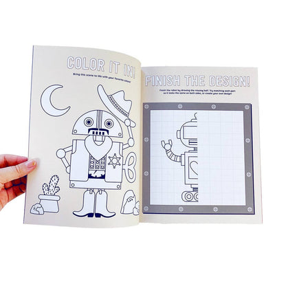 Sticker book spread with robot character line art on left and step design box on right